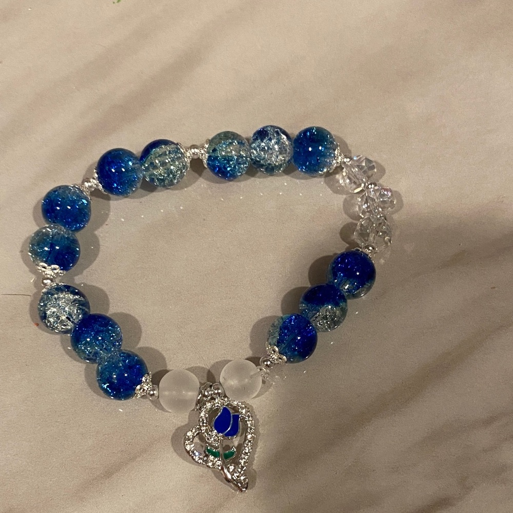 Blue and Silver Beaded Bracelet with Heart Charm